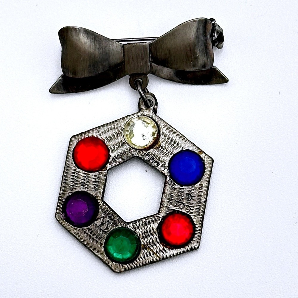 Vintage Bow Brooch Colorful Rhinestone Pendant Charm Pin Silver Tone - Picture 5 of 5